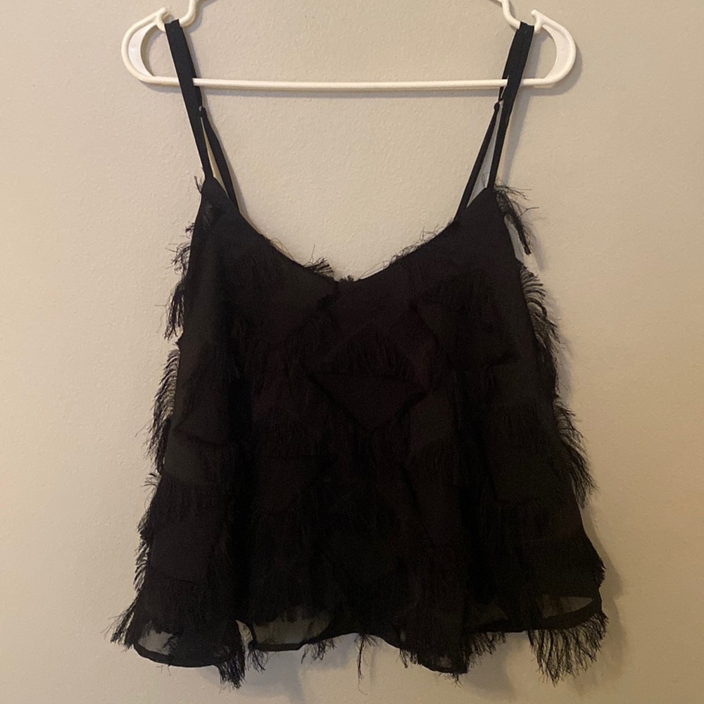 Caramela Black Triangular Fuzzy Patterned V-Neck Spaghetti Strap Top [Size: L]